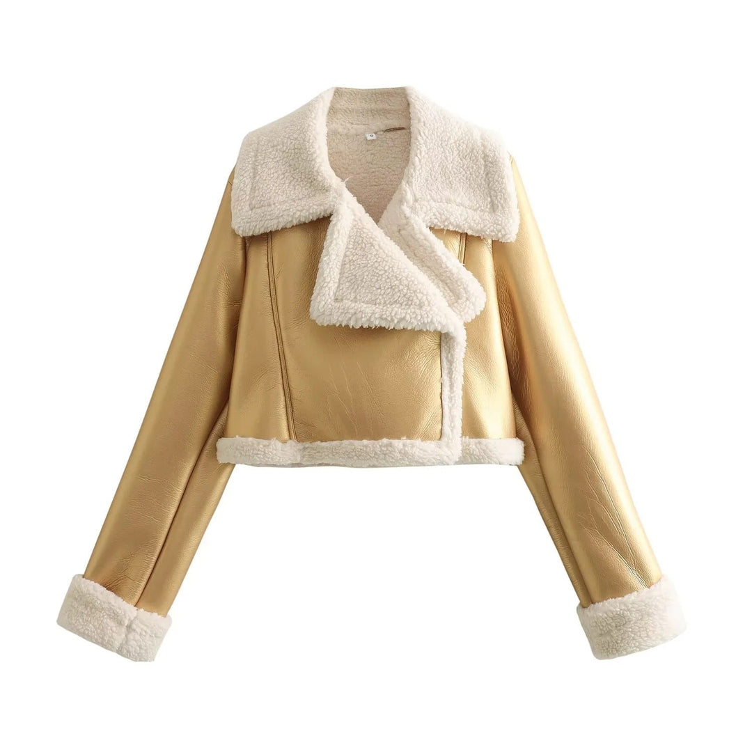 Veste d'hiver pour femmes avec fermeture éclair, col à revers et poignets en peluche