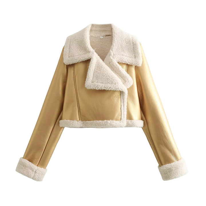 Veste d'hiver pour femmes avec fermeture éclair, col à revers et poignets en peluche