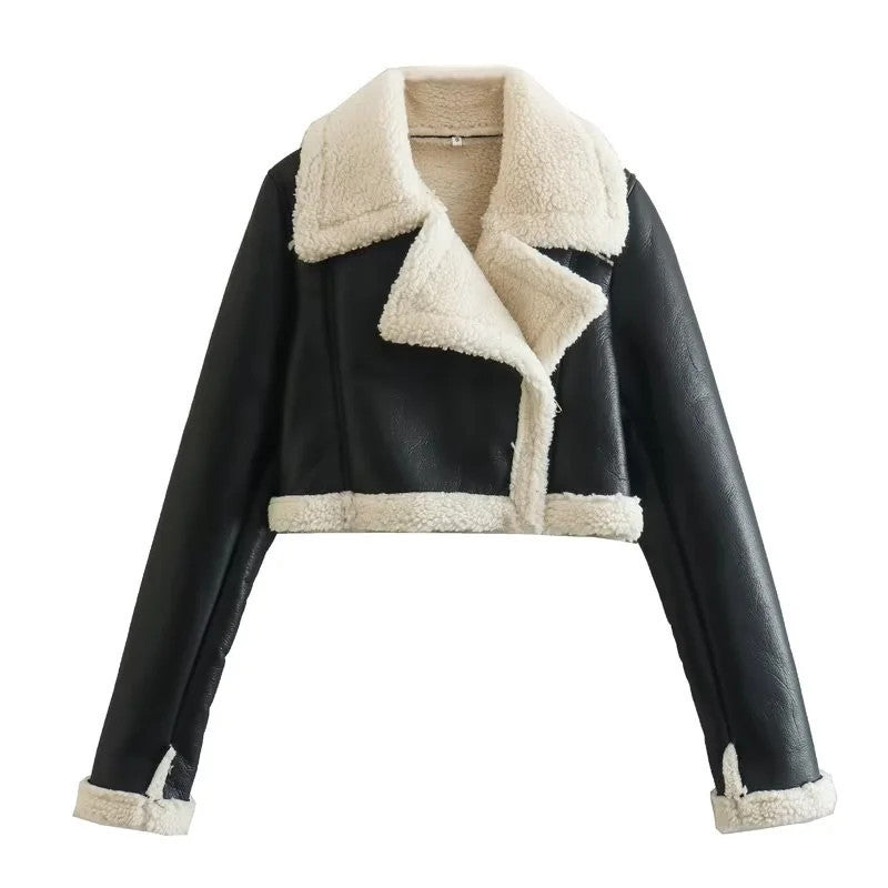 Veste d'hiver pour femmes avec fermeture éclair, col à revers et poignets en peluche