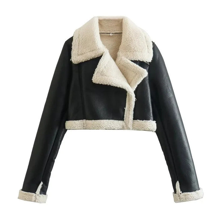 Veste d'hiver pour femmes avec fermeture éclair, col à revers et poignets en peluche
