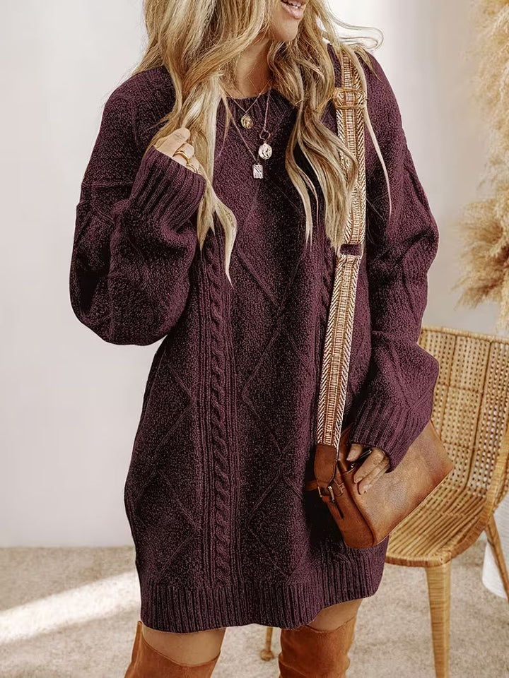 Robe en tricot à motif torsadé pour femmes avec décolleté en V et épaules tombantes