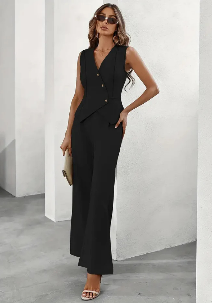 Ensemble Femme Deux Pièces avec Gilet Sans Manches, Décolleté en V, Fermeture à Boutons et Pantalon à Jambe Large