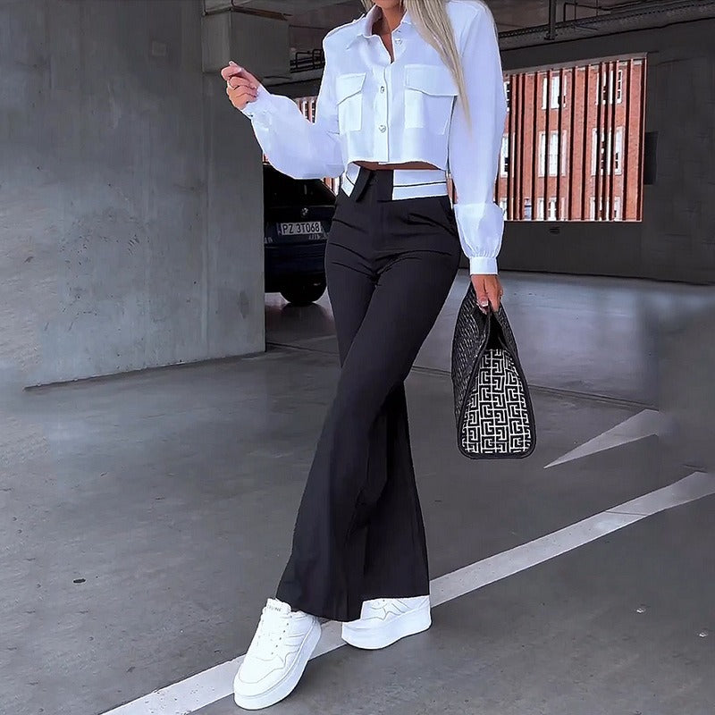 Ensemble Femme Deux Pièces avec Chemisier Court Col Chemise Poches Poitrine et Pantalon Évasé Taille Haute