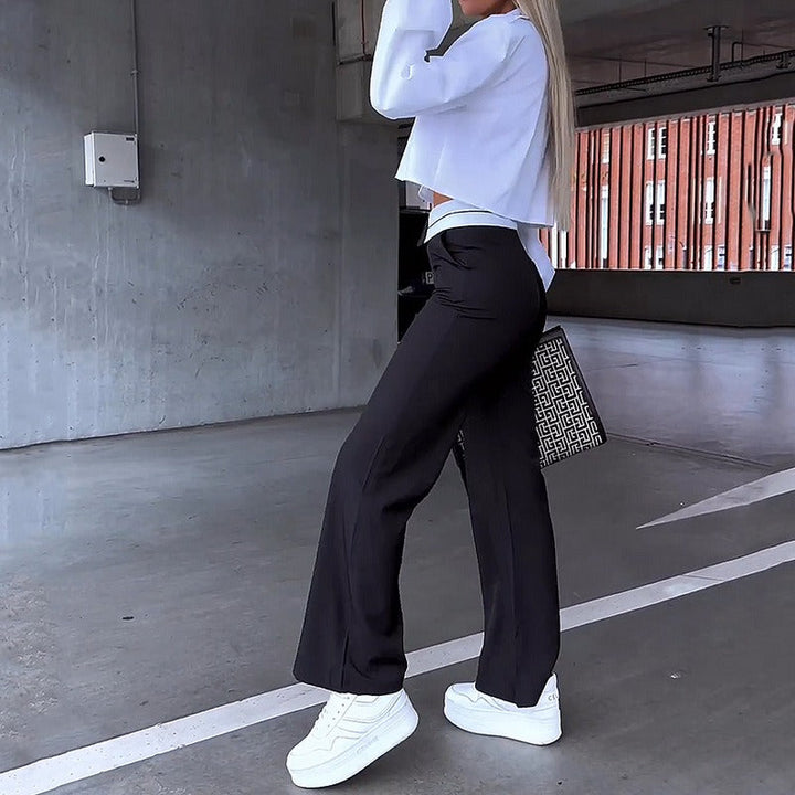 Ensemble Femme Deux Pièces avec Chemisier Court Col Chemise Poches Poitrine et Pantalon Évasé Taille Haute