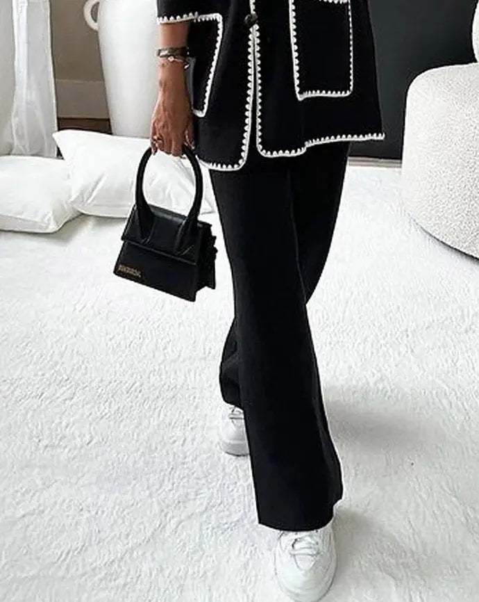 Ensemble Deux Pièces pour Femmes avec Veste à Boutons, Bord Contrastant, Poches Plaquées et Pantalon Large