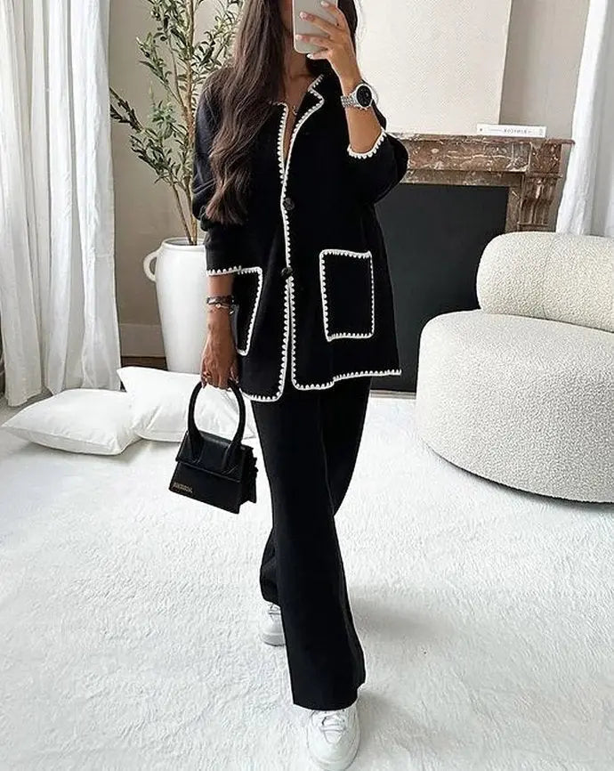 Ensemble Deux Pièces pour Femmes avec Veste à Boutons, Bord Contrastant, Poches Plaquées et Pantalon Large