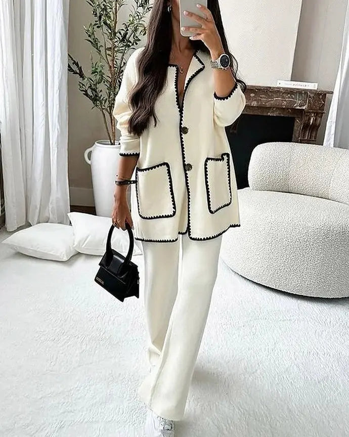 Ensemble Deux Pièces pour Femmes avec Veste à Boutons, Bord Contrastant, Poches Plaquées et Pantalon Large