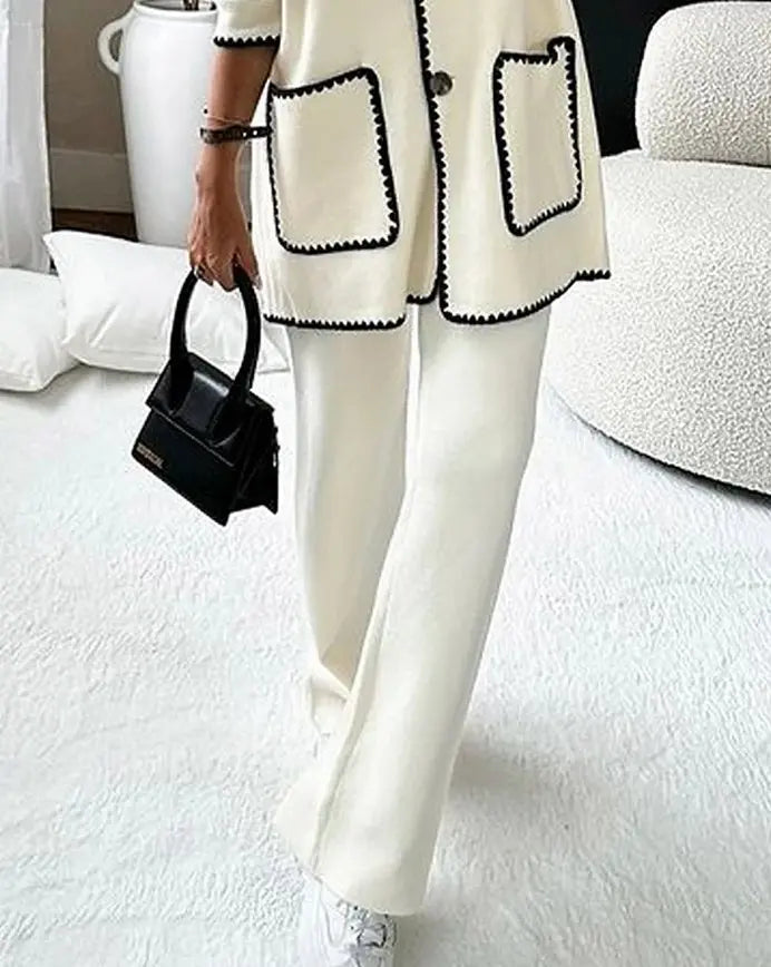 Ensemble Deux Pièces pour Femmes avec Veste à Boutons, Bord Contrastant, Poches Plaquées et Pantalon Large