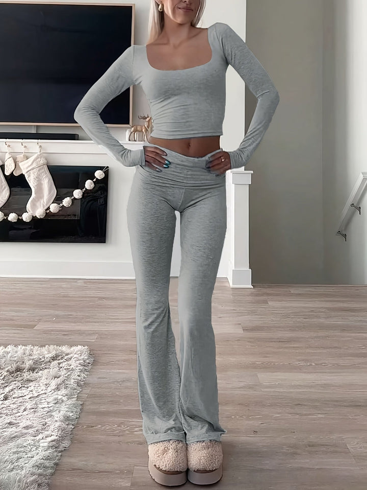 Ensemble Femme Deux Pièces avec Top Crop à Manches Longues, Décolleté Carré, Taille Haute et Pantalon Évasé