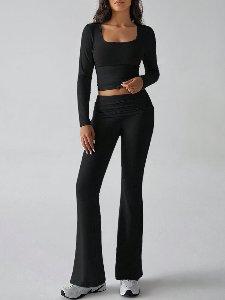 Ensemble Femme Deux Pièces avec Crop Top à Manches Longues, Décolleté Carré, Taille Haute et Pantalon Évasé