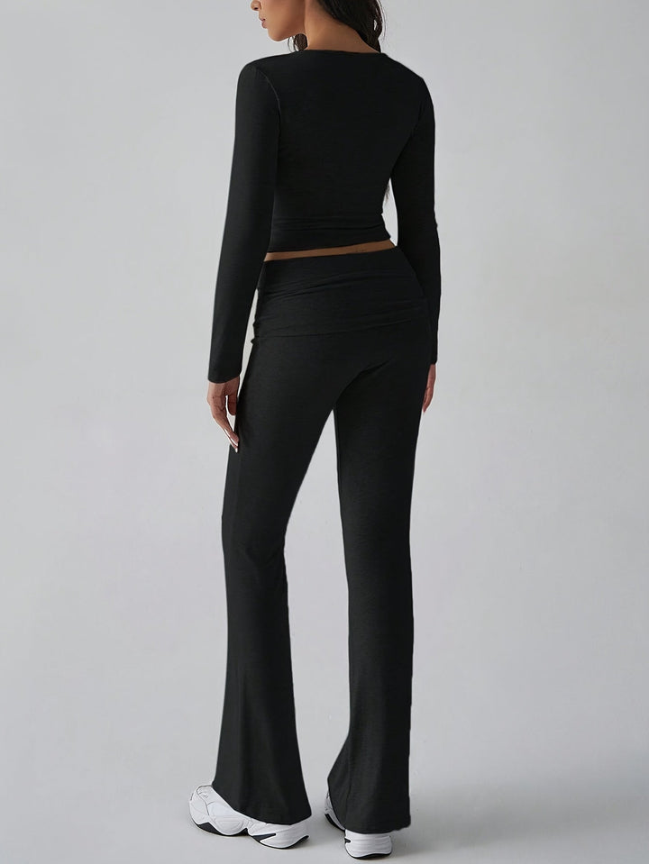 Ensemble Femme Deux Pièces avec Crop Top à Manches Longues, Décolleté Carré, Taille Haute et Pantalon Évasé