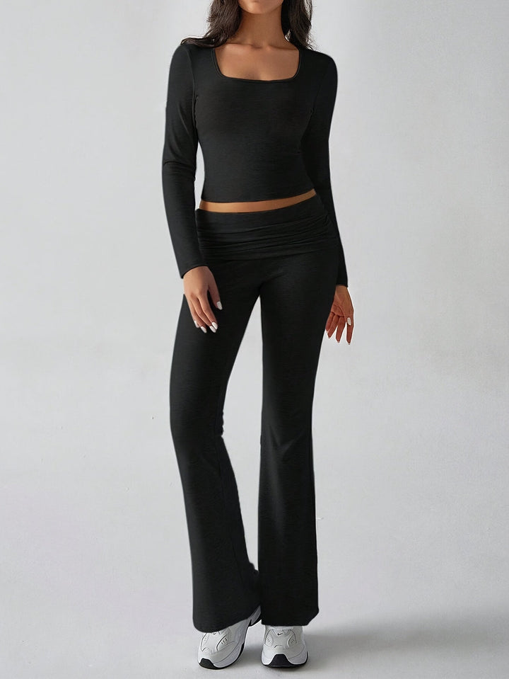 Ensemble Deux Pièces Femme avec Crop Top à Manches Longues, Décolleté Carré, Taille Haute et Pantalon Évasé