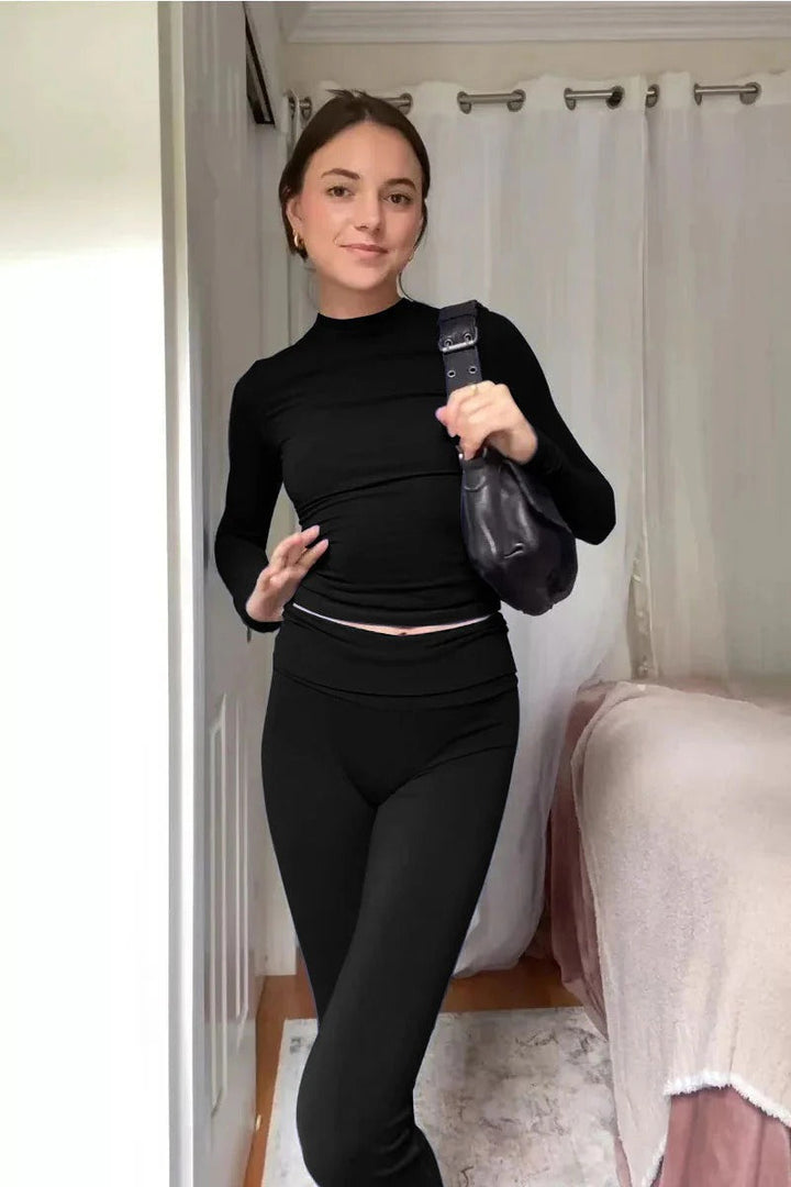 Ensemble Femme Deux Pièces avec Haut Court à Manches Longues Col Rond et Pantalon Évasé Taille Haute