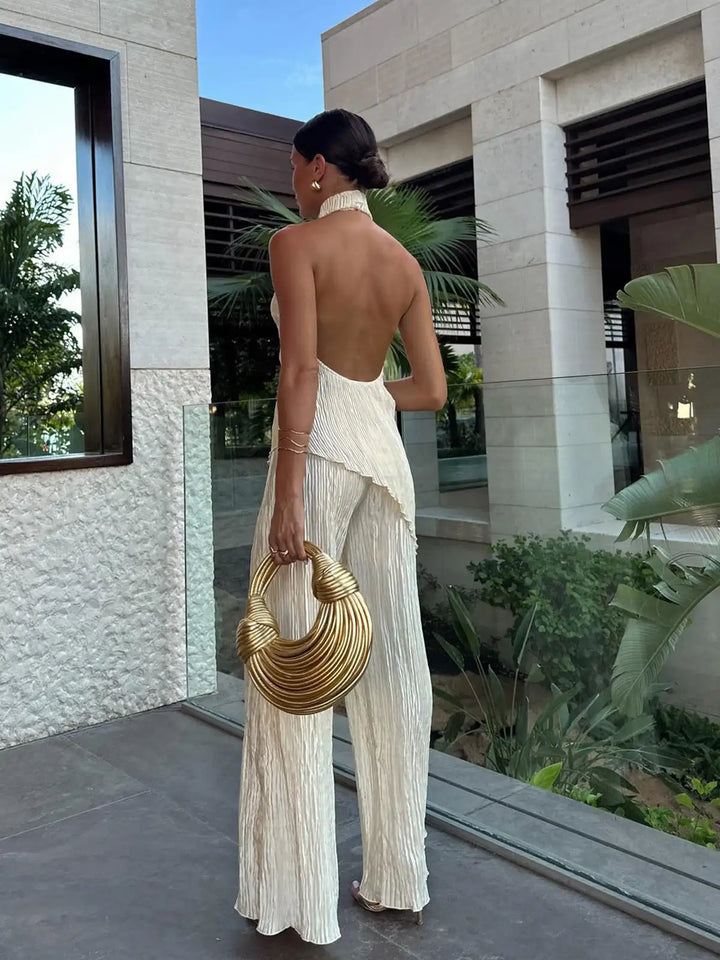Ensemble Femme Deux Pièces avec Haut à Col Montant et Pantalon Ample à Surface Plissée