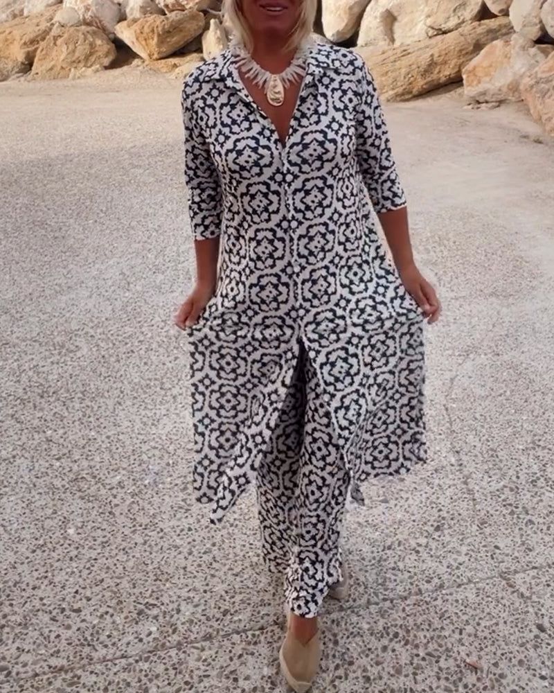 Ensemble Deux Pièces Femme avec Tunique à Col en V, Manches Trois Quarts, Boutonnage et Pantalon Long à Motif Géométrique