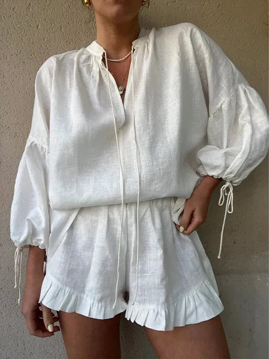Ensemble Deux Pièces pour Femmes avec Décolleté en V, Manches Bouffantes et Ourlet Volant