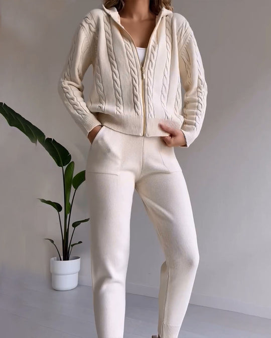 Ensemble Tricot Femme Deux Pièces avec Veste à Capuche à Fermeture Éclair et Pantalon à Bords Côtes