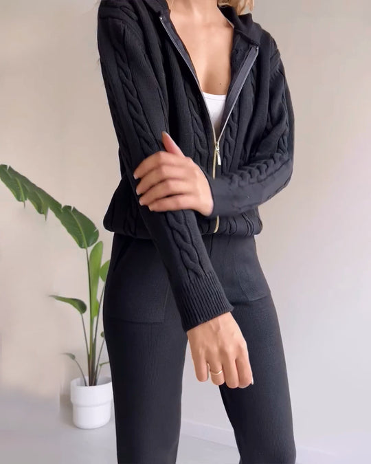 Ensemble Tricot Femme Deux Pièces avec Veste à Capuche à Fermeture Éclair et Pantalon à Bords Côtes
