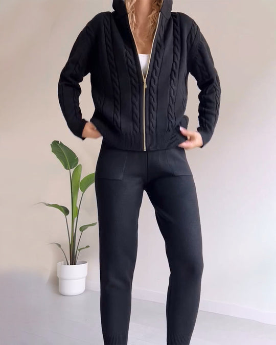 Ensemble Tricot Femme Deux Pièces avec Veste à Capuche à Fermeture Éclair et Pantalon à Bords Côtes