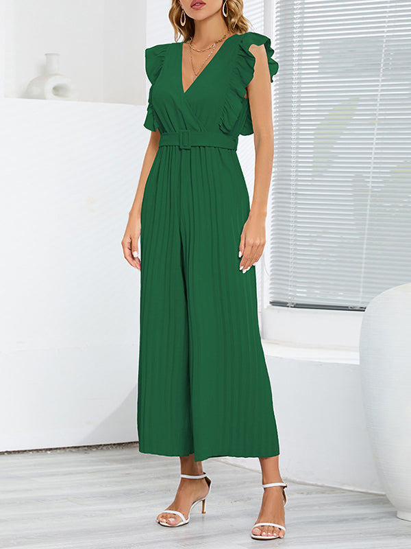 Combinaison ample plissée volantée taille haute, avec ceinture, à col en V, couleur unie