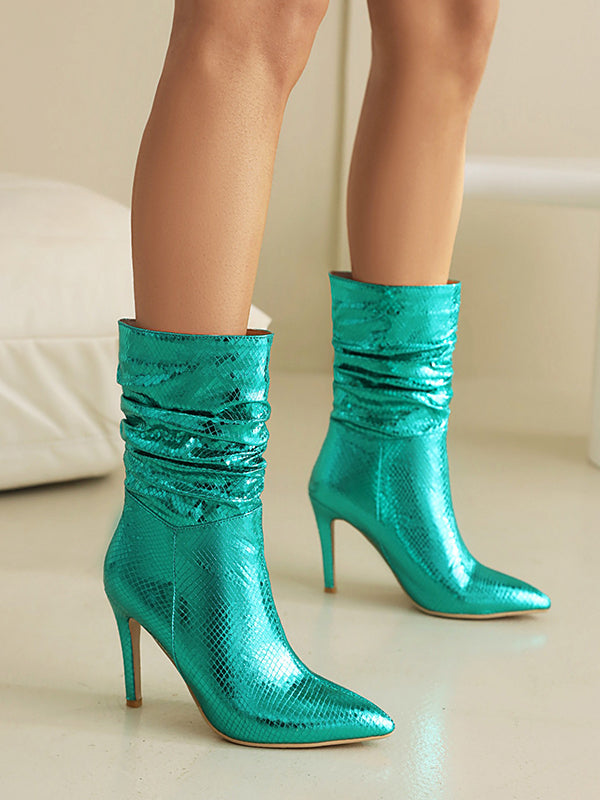 Escarpins à bottes à empiècements de couleur unie imprimé peau de serpent plissé