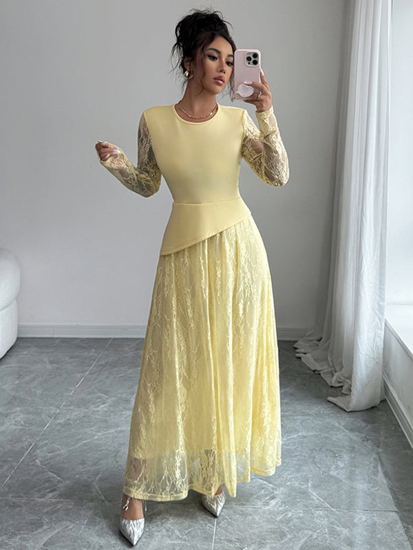Robe longue asymétrique superposée transparente coupe trapèze, à coupe irrégulière, à imprimé floral, à empiècements, à col rond, couleur unie