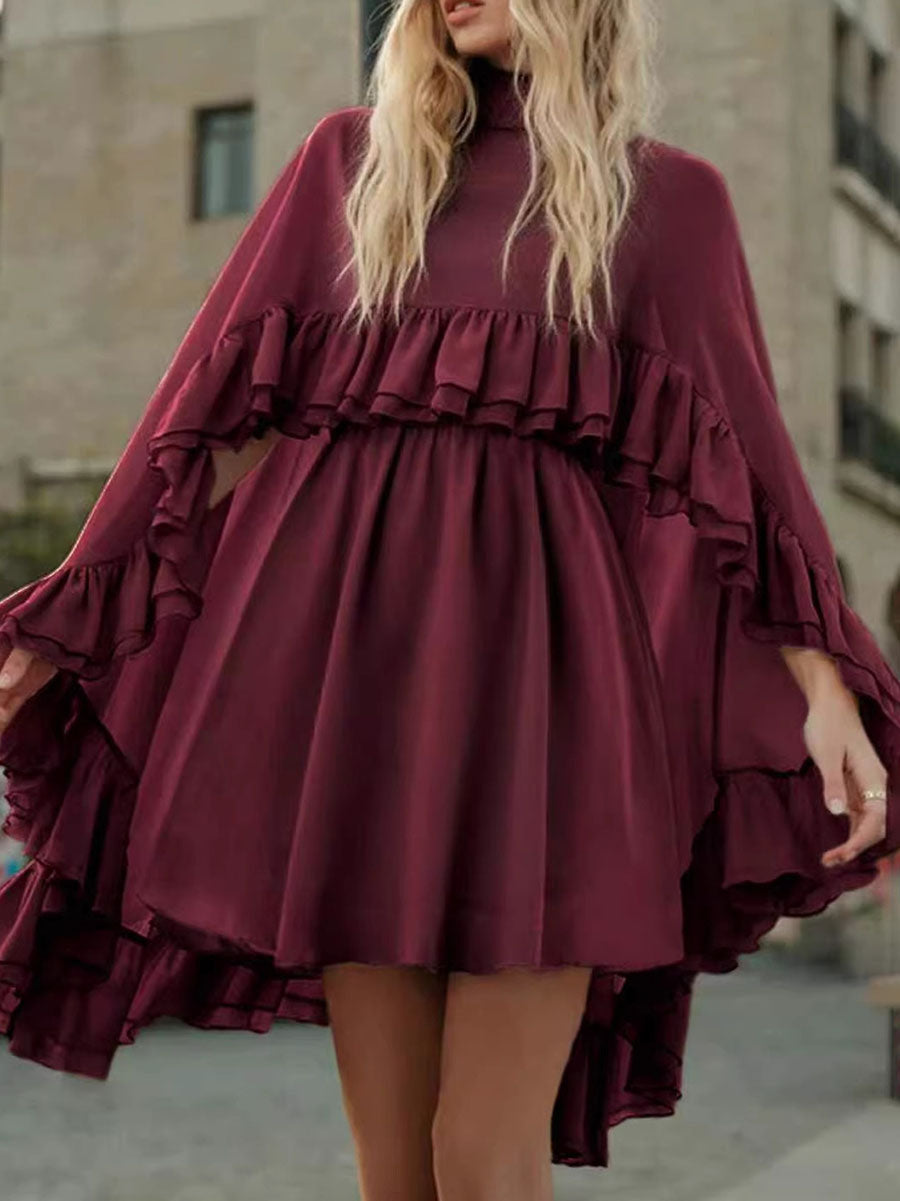 Robe courte ensemble deux pièces plissée volantée nouée taille haute, sans manches, à empiècements, à col cheminée, couleur unie