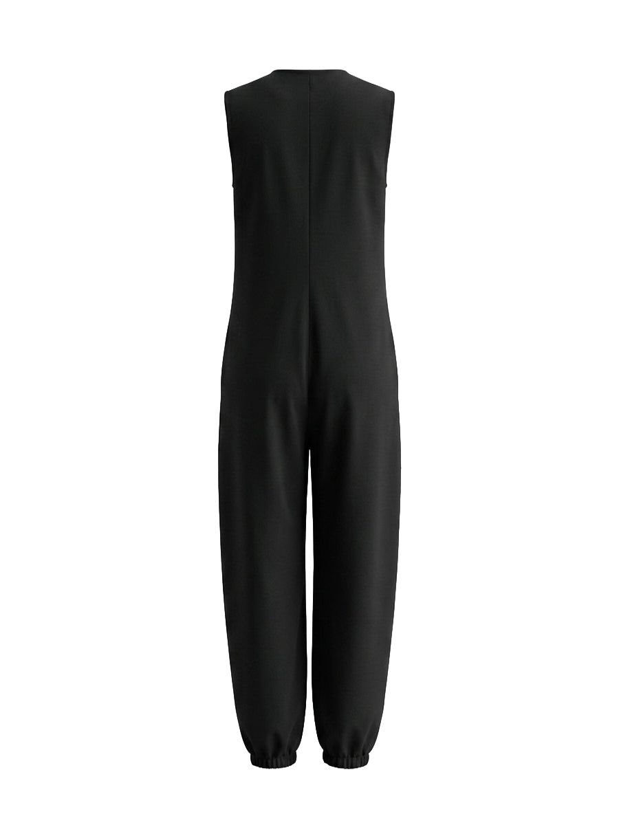 Combinaison boutonnée sans manches, à jambes larges, à col en V, couleur unie