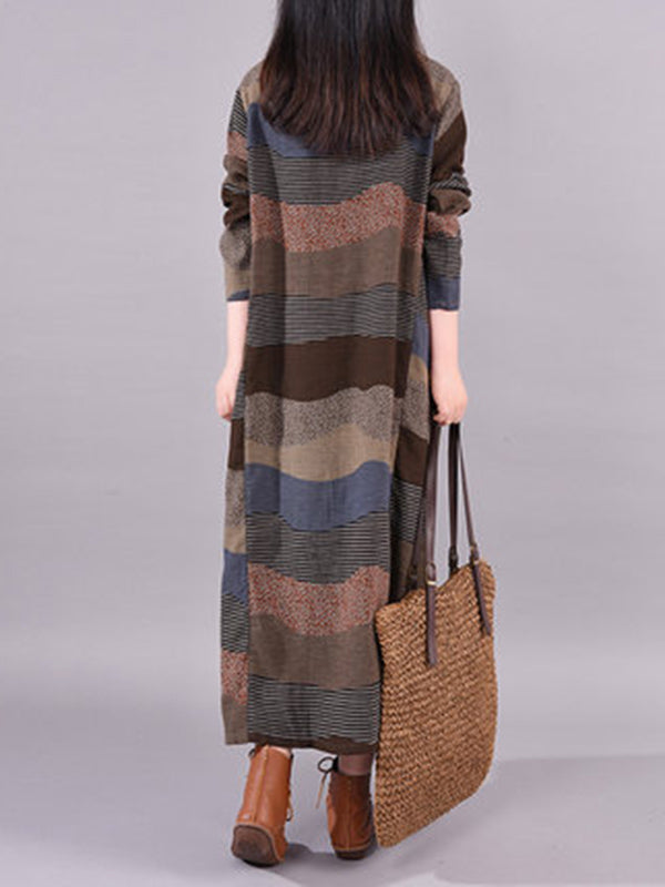 Robe mi-longue artistique ample rayée multicolore rétro, en coton et ramie, à col rond, à manches longues