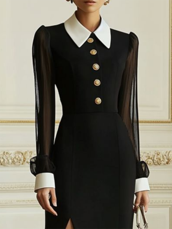 Robe chemise boutonnée transparente fendue sur le côté à manches longues, à col revers, couleur unie