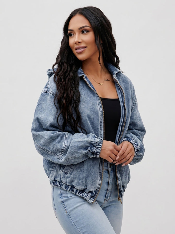 Veste ample à fermeture éclair, à poches, à taille élastique, à manches longues, à capuche, couleur unie