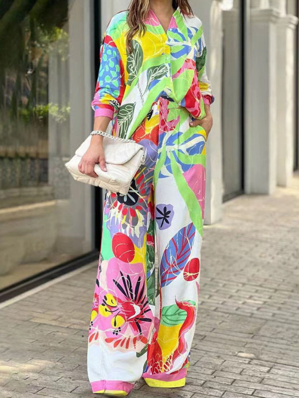 Ensemble deux pièces imprimé boutonné à manches longues, à col revers, taille haute, couleur contrastée – chemisier + pantalon