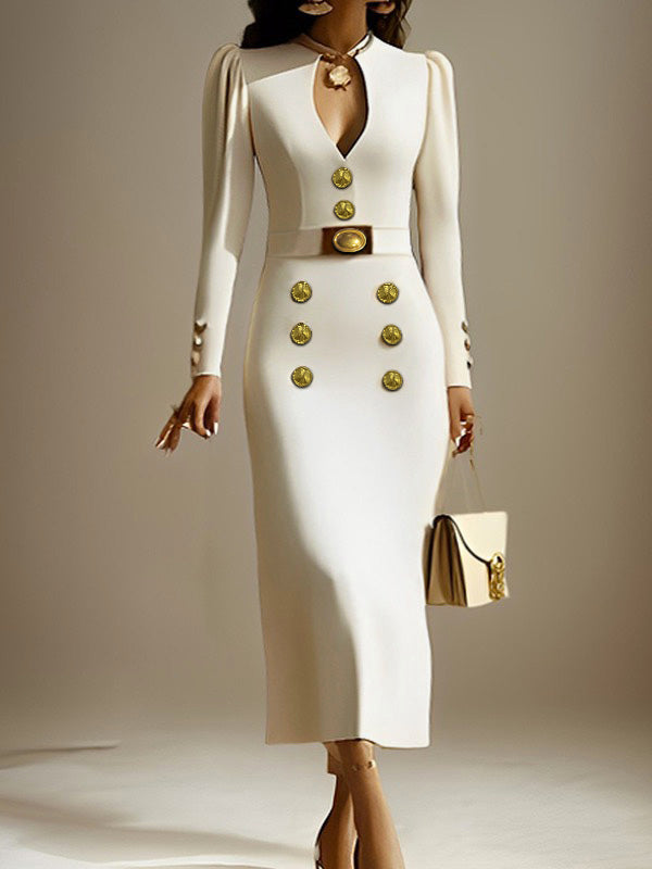 Robe mi-longue boutonnée à manches longues, à manches bouffantes, à décolleté en V profond, couleur unie