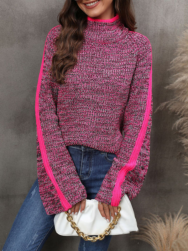 Pull décontracté à manches longues, ample, couleur contrastée, demi-col roulé
