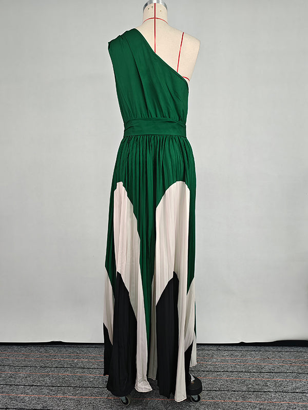 Robe longue asymétrique plissée imprimée sans manches, asymétrique à une épaule