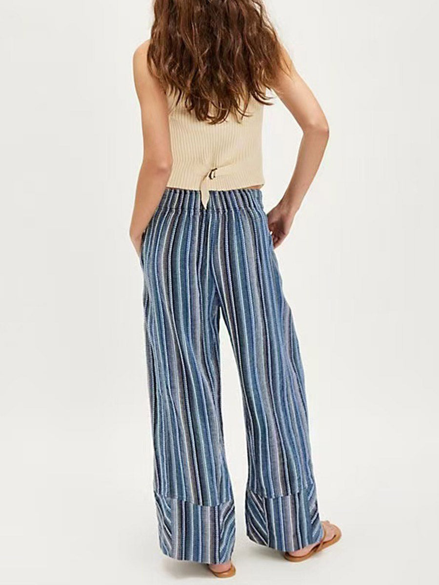 Pantalon imprimé rayé à taille élastique, taille haute, à empiècements, couleur contrastée