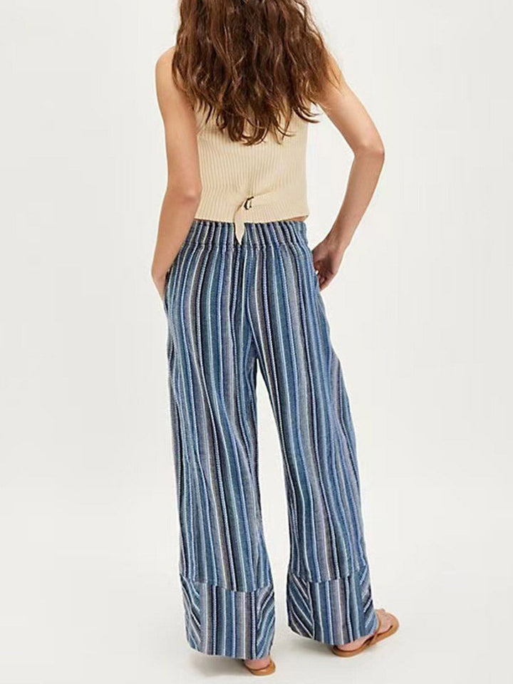 Pantalon imprimé rayé à taille élastique, taille haute, à empiècements, couleur contrastée