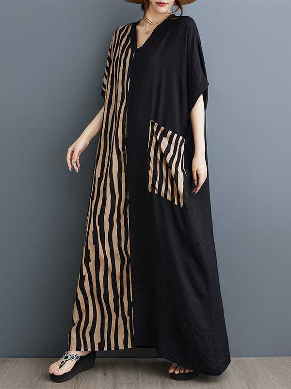 Robe longue rayée coupe trapèze, à manches chauve-souris, à poches, à empiècements, à col en V, couleur contrastée
