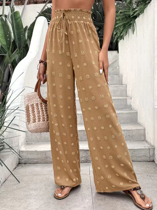 Pantalon ample taille haute, à cordon de serrage, à taille élastique, en jacquard, couleur unie
