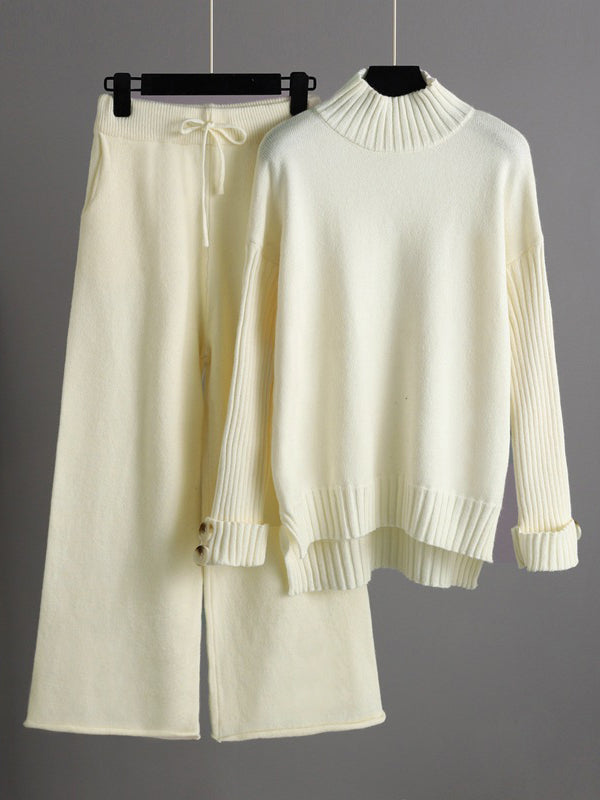 Pull urbain à manches longues et demi-col roulé de couleur unie & Pantalon large Ensemble deux pièces