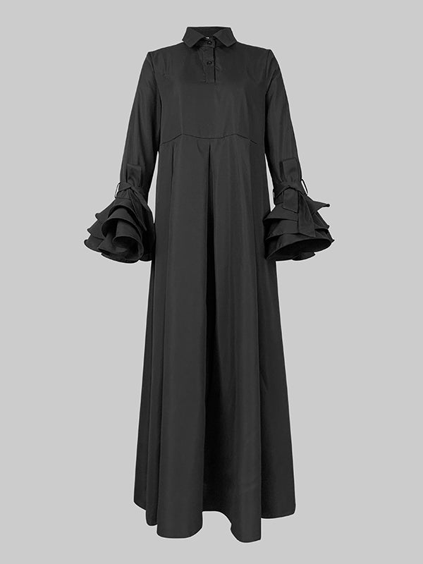 Robe chemise plissée à manches évasées, à empiècements, à col revers, couleur unie