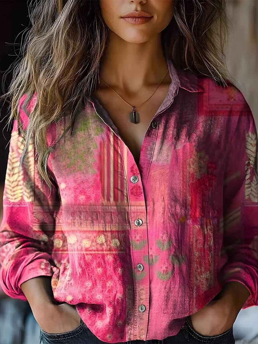 Chemisier ample boutonné imprimé à manches longues, à empiècements, à col revers, couleur contrastée
