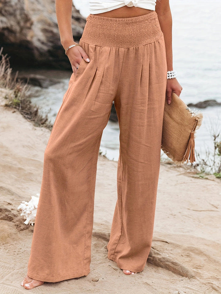 Pantalon plissé à taille élastique, taille haute, à poches, à empiècements, couleur unie