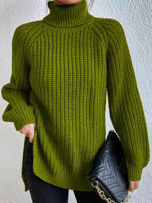Pull ample fendu sur le côté à manches longues, à col haut, couleur unie