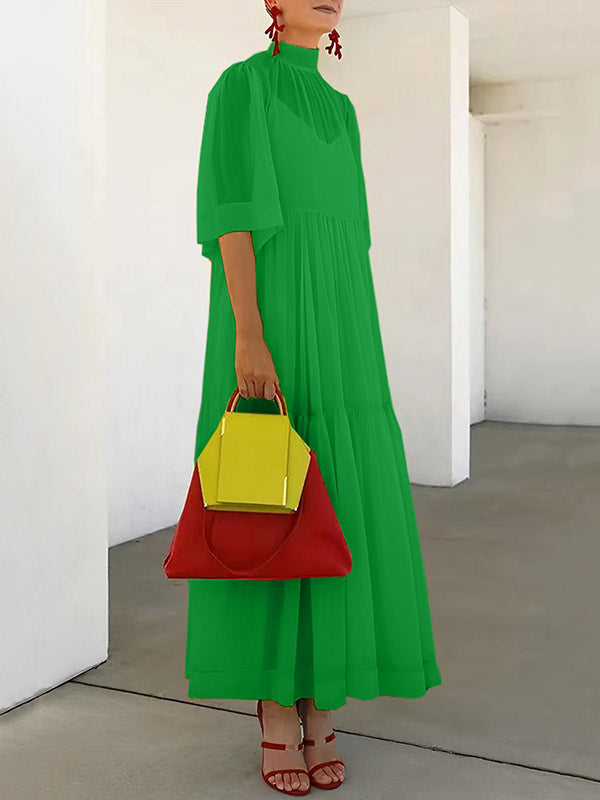 Ensemble deux pièces en maille plissée, ample, grande taille, couleur unie, fente à col montant, robes longues