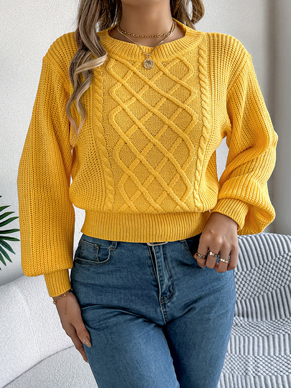 Taille élastiquée manches longues câble tricot couleur unie col rond haut en tricot pull hauts