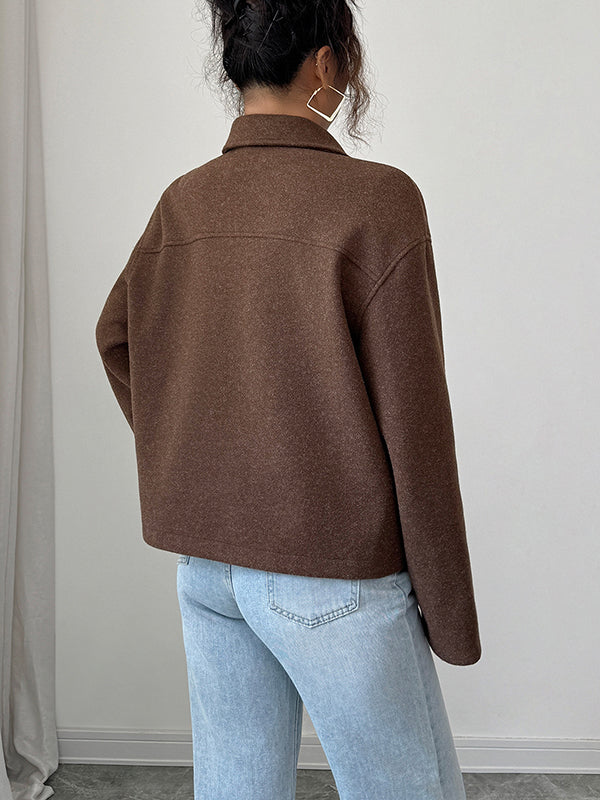 Veste ample à manches longues, à fermeture éclair, à col revers, couleur unie