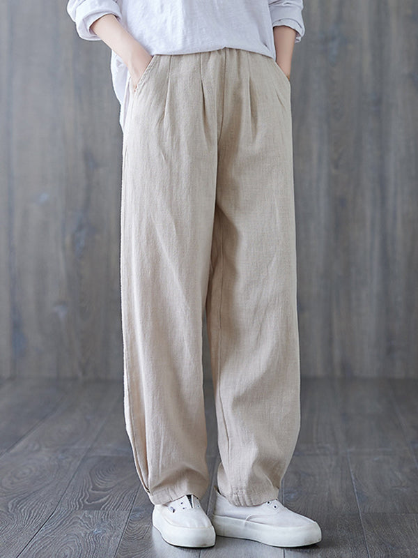 Pantalon simple ample décontracté à jambes larges, à taille élastique, couleur unie