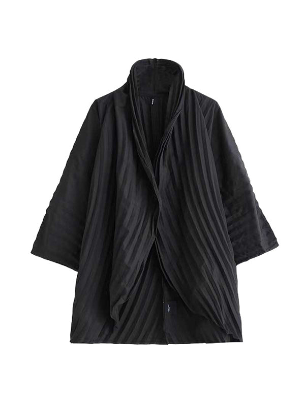 Ensemble deux pièces ample boutonné plissé à manches longues, à col montant, couleur unie – chemise + haut + pantalon