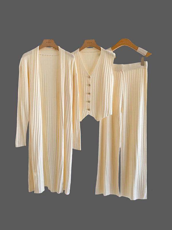 Ensemble trois pièces en tricot sans manches à col en v + cardigan à manches longues + pantalon taille haute